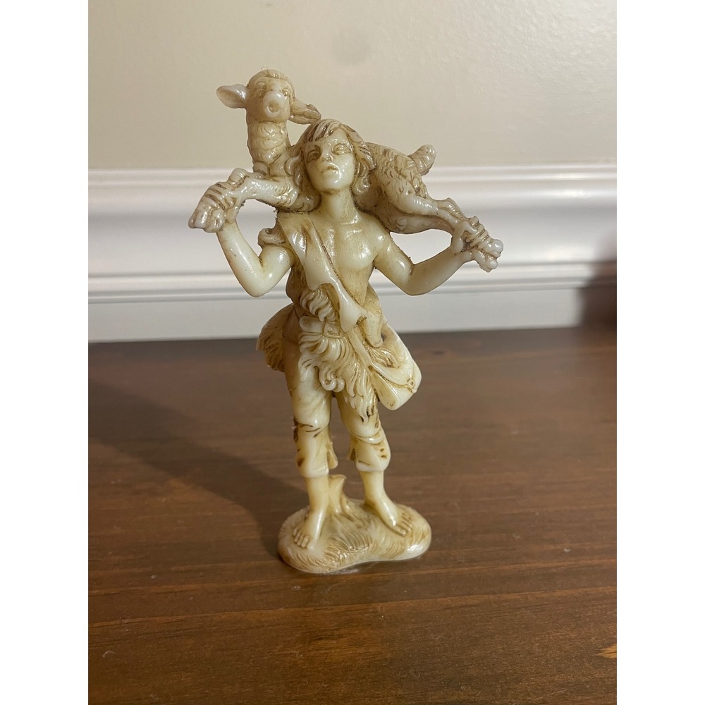 Vintage Faux Ivory Shepherd with Lamb Figurine 5 Inch Plastic Nativity Decor